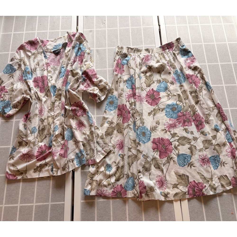 Vintage 80s 90s MaxiSkirt Blouse Set Bonworth size L Cottage Core Floral Pastels